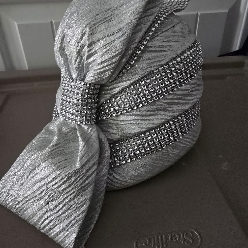 Elegant Silver Turban with Rhinestone Accents